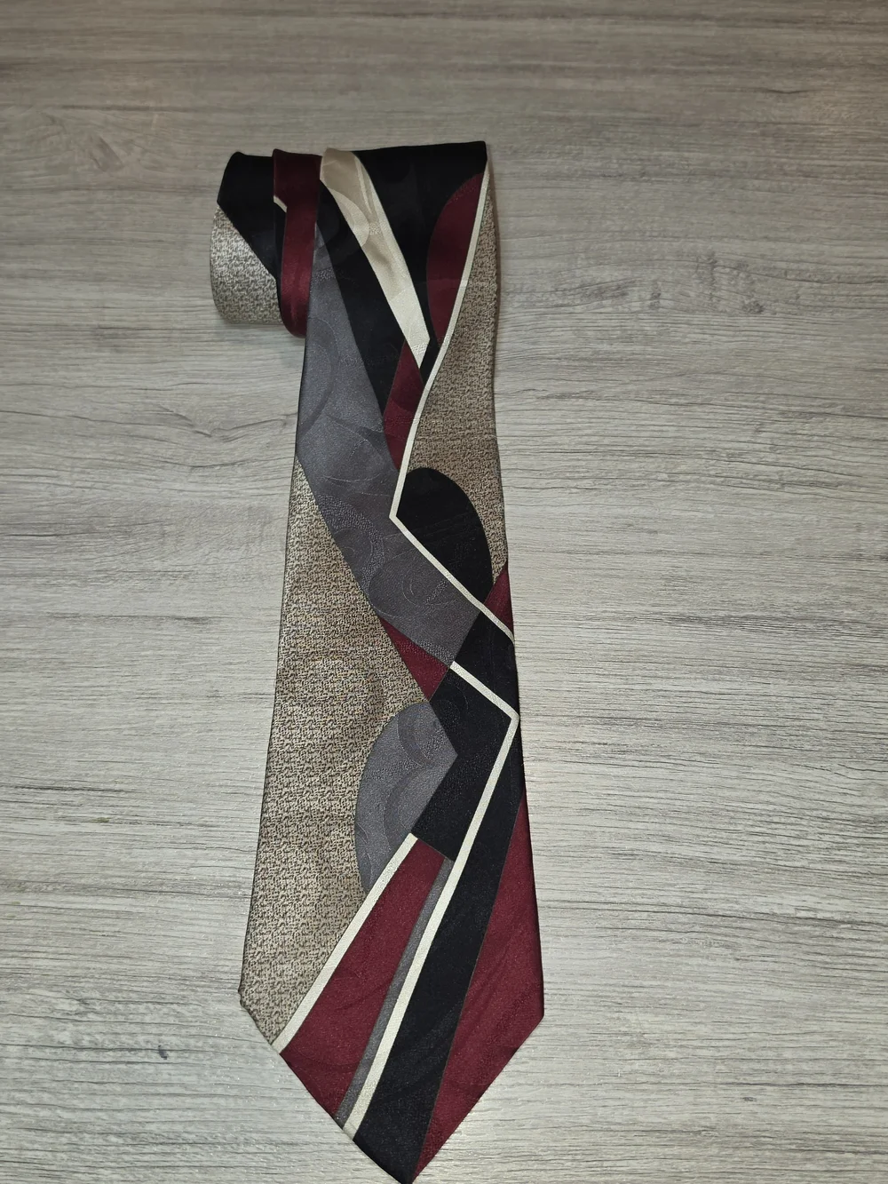 Vintage Oleg Cassini Necktie Men's Abstract 100% Silk Red, Tan, Gray, Black